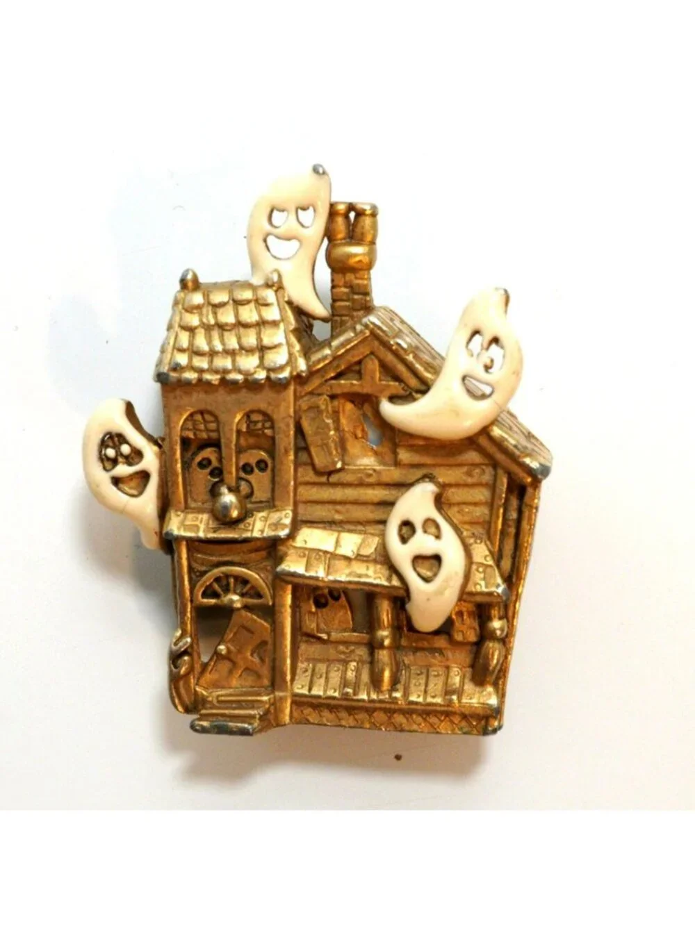 Vintage AJC Haunted House Ghost Brooch Gold Tone Musical Halloween